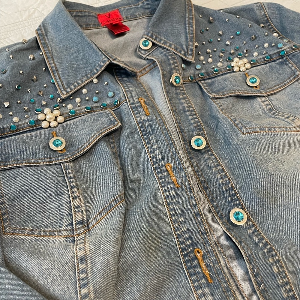 Embellished Light Wash Denim crop Jacket with Turquoise & Pearl Accents